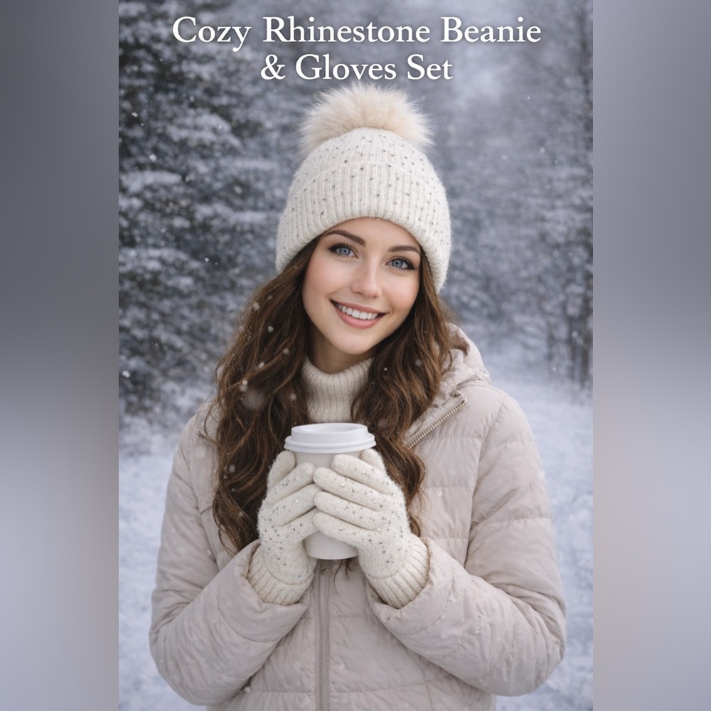 Cream Knit Hat and Glove Set